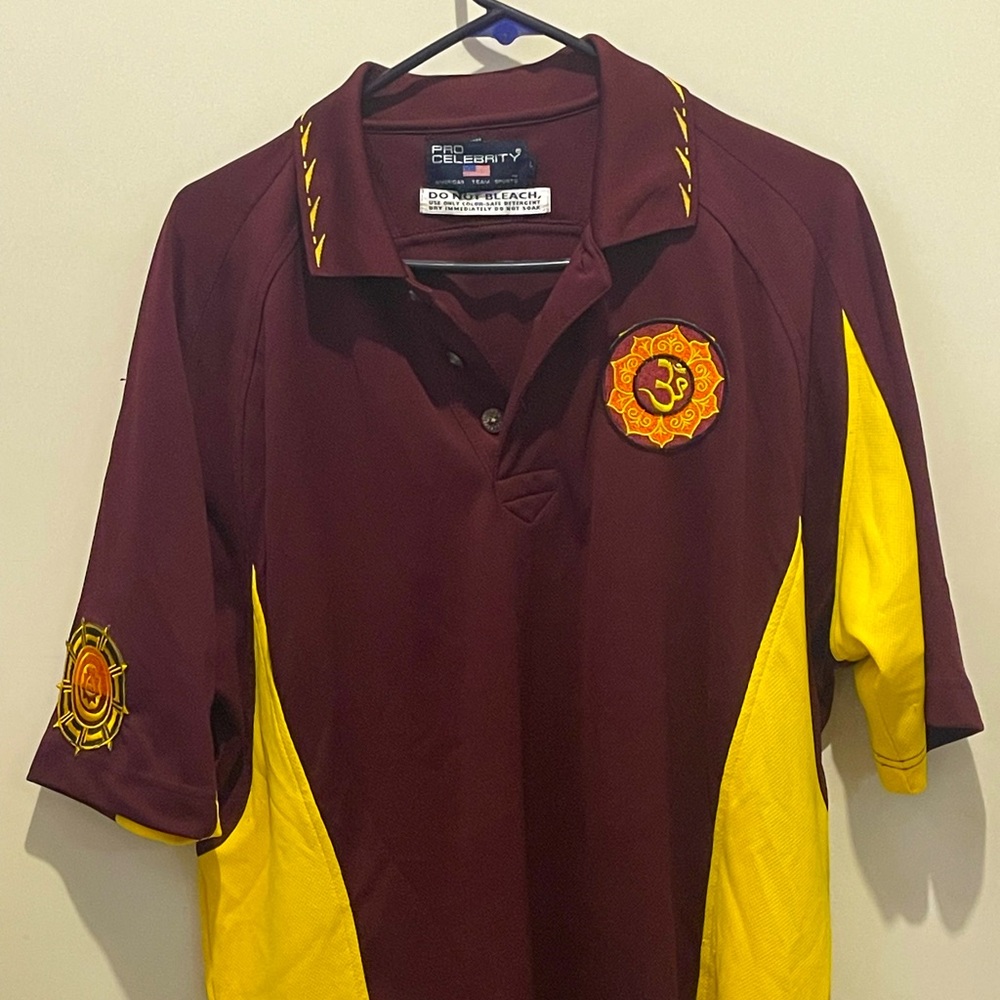 Pro Celebrity polo with custom yoga Hindu patches maroon and yellow